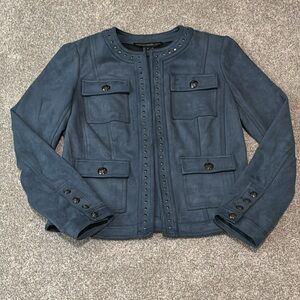 WHBM jacket blue suede gunmetal pockets soft size 6 GORGEOUS